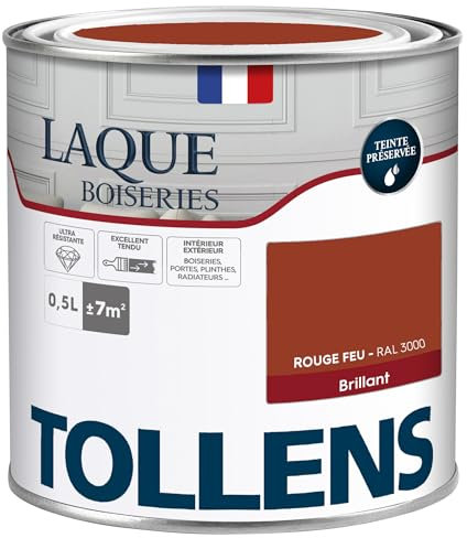 Tollens - Peinture, Laque, Ultra Résistante, Multisupport, Brillant Rouge Feu, 0.5L = 7m2