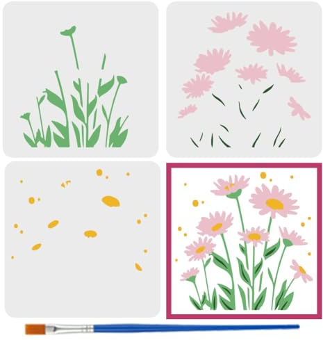 FINGERINSPIRE 3 Pz Stencil per Pittura a Margherita a Strati con Pennello, 15x15cm Riutilizzabile Stencil Motivo Floreale a Strati Stencils a Margherita Petali Foglie Rami per Pittura Mobili