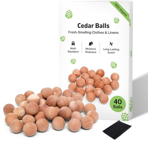 Malavvisande av cederträ för garderober, 40 st cederbollar | 100 % naturliga malbollar för klädskydd | malavskräckande och dödare för lådor och garderobsförvaring med sandpapper