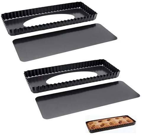 Rainway Set da 2 stampi rettangolari antiaderenti per torte, 35x11x2,5 cm, stampo rettangolare per dolci con fondo removibile, teglia per pizza, torta di mele