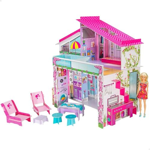 Lisciani - Puppenhaus - Barbie Ferienvilla mit Puppe - Fantasiespiel - Papphaus zum Zusammenbauen und Dekorieren - Kreative Freizeit - Für Mädchen ab 4 Jahren