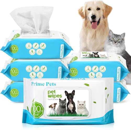 PrimePets Lingette Chien 600 Lingettes Nettoyantes pour Chiens Chats Animaux Domestique, Lot de 6 pour Nettoie Pattes Yeux Oreilles sans Parfum
