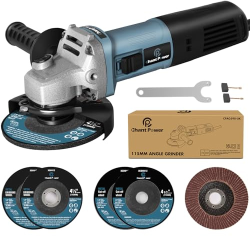C P CHANTPOWER Angle Grinder Power Tool, 115mm 900W Corded Angle Grinder with 2X Cutting Wheel, 2X Grinding Wheel, 1X Flap Discs and Side Handle