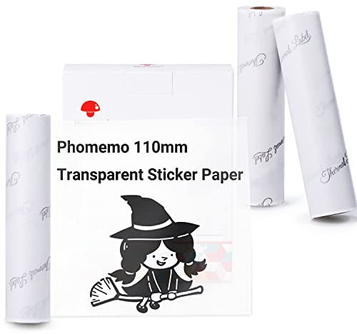 Phomemo 110 mm Transparentes Druckerpapier Kompatibel für Phomemo M04S/M04AS Mini Thermo Taschendrucker, 3 Rollen selbstklebendes transparentes Thermo-Aufkleberpapier, 110 mm x 3,5 m, 3 Rollen