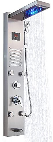 Système de Panneau de Douche avec 8 Modes, Tour de Panneau de Douche LED, Pluie, Cascade, 4 Jets de Massage Corporel Bec de Baignoire Pomme de Douche à Main, Ensemble de Douche en acier inoxydable