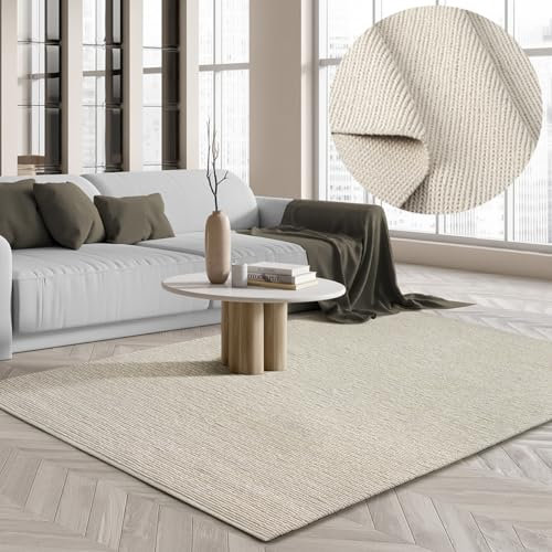 the carpet Premium Wool Handweb-Teppich, Naturfaser Wollteppich, Eleganz im skandinavischen Flachgewebe-Stil, Creme, 160 x 230 cm oval