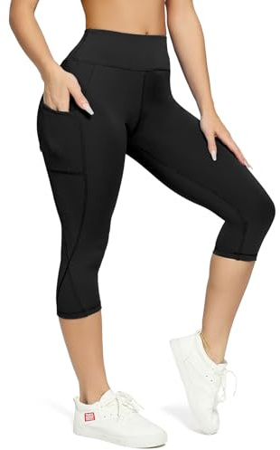 FITTOO Leggings deportivos para mujer con bolsillos, 3/4 mallas capri, pantalones de deporte para mujer, pantalones de yoga, opacos, pantalones de fitness, leggings para correr, Negro , M