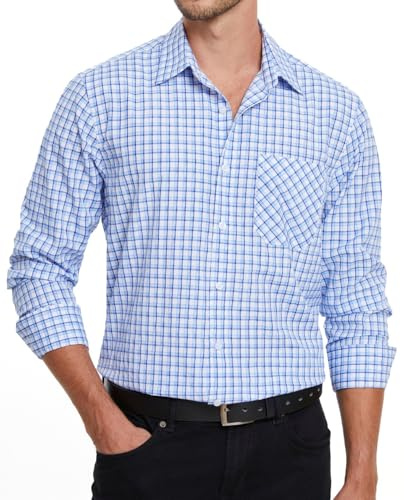 Enlision Camicia Uomo Maniche Lunghe a Quadri Blu e Bianca Camicie Casual da Uomo con Tasche Collo Botton-Down Regular Fit Taglie Forti XXXL