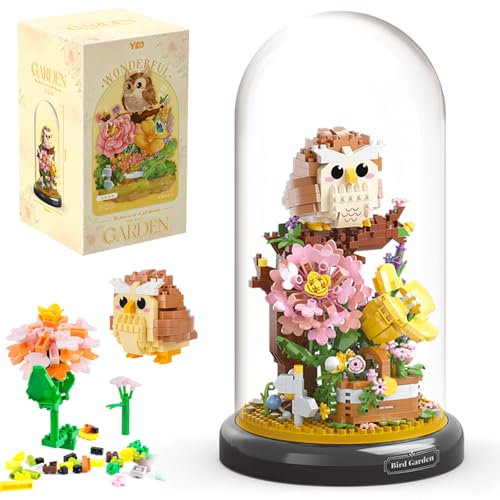 HGRGHH Klemmbausteine Blumen Eule, 1123 Stück Micro Blumen Bausteine, Eule Blumen Bausteine Set mit Staubdichter Kuppel & Sockel, Geschenk für Mädchen Jungs Kinder Erwachsene im Alter von 6-12+ Jahren