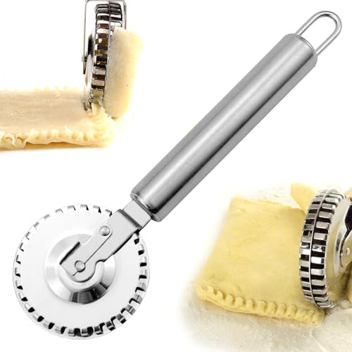 Ravioli Cutter mit 430 Edelstahlrad Nudelschneider Rad mit Holzgriff und geriffelter Ravioli Crimper Cutter Multi Gebäckschneider Gebäckschneider Crimper für Haus und Küche - Silber