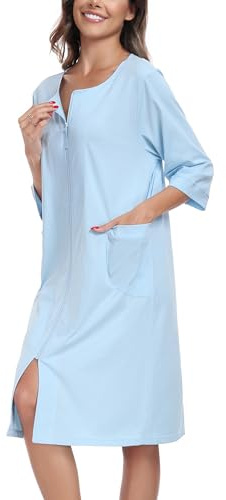 COLORFULLEAF 100% Cotton Zip Through Robe Womens Dressing Gown Soft 3/4 Sleeve Lightweight Knee Length Housecoat with Pockets(Light Blue,2XL)