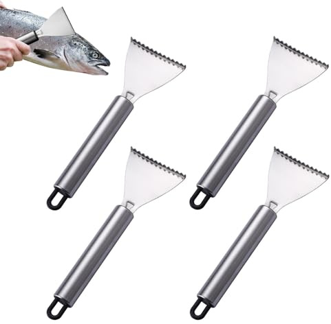 JINJUMEI 4 Pack Fish Scale Remover, Fish Descaler Tool, Stainless Steel Fish Scale Planing Tool, Serrated Fish Cleaning Tools for Family Kitchen, Seafood Markets
