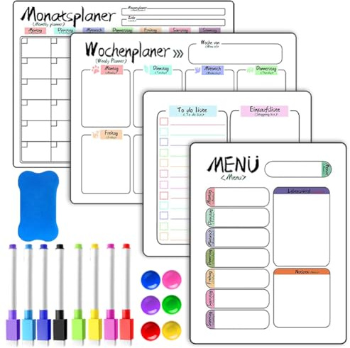 Magnetisk whiteboard veckoplanerare månadsplanerare, avtorkningsbar, 4 st. magnettavla för kylskåp, perfekt som matplanerare vecka, att göra lista, hushållsplanerare, inköpslista, rengöringsplanerare