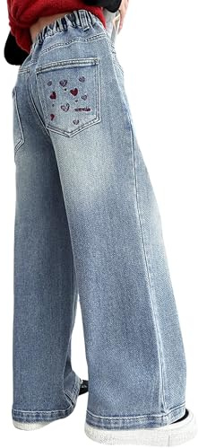 Rolanko Girls Baggy Jeans, High Elasticated Waist Wide Leg Loose Bootcut Denim Jeans Pants for Teens 6-15 Years, Solid Denim, 10-11 Years,150