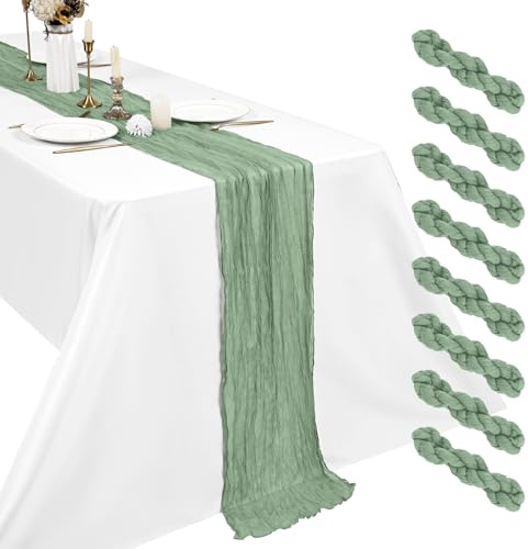 8-pack salviagrön ostduksbordslöpare, 45 x 275 cm boho gasvävsbordslöpare rustik romantisk lång bordslöpare för bröllopsfest möhippa juldekoration