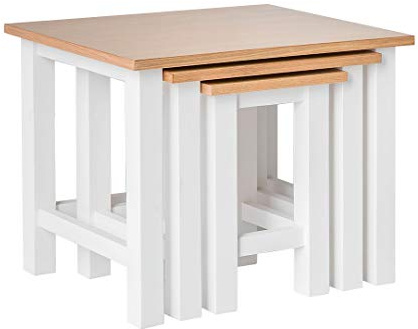 RoselandFurniture Farro White Nest Of Tables with Oak Set of 3 Nesting Coffee Tables, Painted Solid Wooden Small Contemporary Occasional Nested Side Lamp Stands for Living Room | Fully Assembled