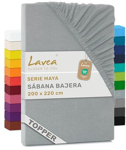 Lavea® Drap-Housse pour Surmatelas/Topper 200x220cm – Jersey 100% Coton – pour Surmatelas Jusqu’à 10 cm – avec Élastique Tout Autour – Certifié Oeko-TEX – Argent