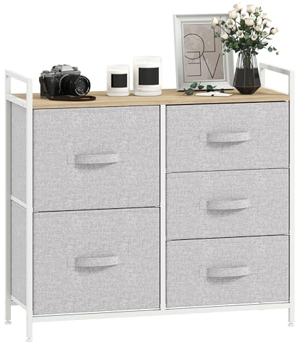 HOMCOM Commode à Tiroirs en Tissu Meuble de Rangement avec 5 Tiroirs Amovibles pour Chambre Salon Cuisine 83 x 29 x 77 cm Gris