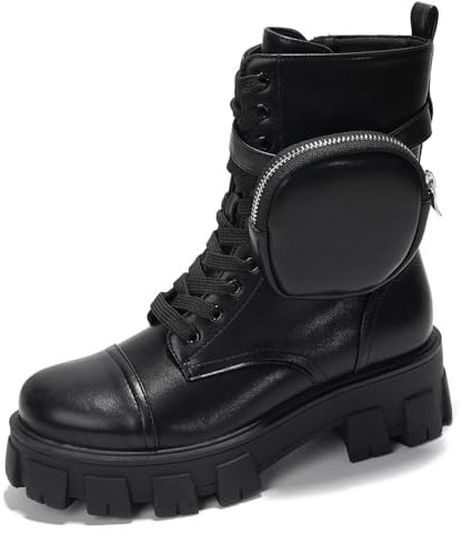 Cape Robbin Women's Platform Combat Boots - Lace Up Chunky Ankle Booties with Built-in Zippered Pouch Side Zipper Lug Sole Buckle Strap (Monalisa) Black 10