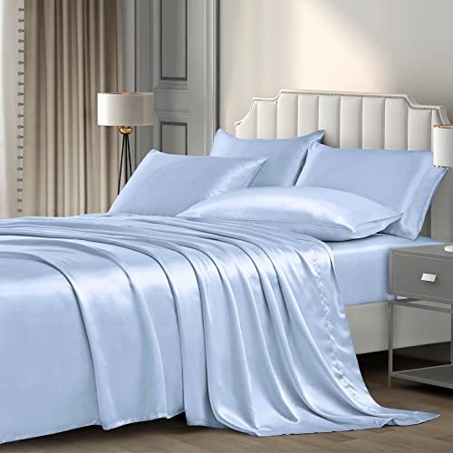 P Pothuiny Juego de Cama de satén de 6 Piezas, 1 sábana Bajera Ajustable con Bolsillos Profundos, 1 sábana encimera y 4 Fundas de Almohada, Color Azul