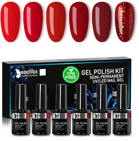 Beautilux UV Nagellack Rot, 6 Farben 10ml Soak Off Dunkelrot Gel Nagellack Set für Home-Maniküre Nail Art Maniküre (Rot Serie)