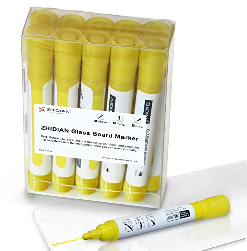 MAKUANG Yellow Glass Window Markers,Bold Wet & Dry Erase Marker Pens for Whiteboards,Reversible Dual-Tip Design Liquid Chalk Markers for Non-Porous Surfaces(Yellow, 10 Pack)