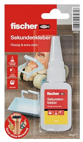 fischer Sekundenkleber, 20 g, extra schneller Sekundenkleber zum Reparieren & Kleben, Universalkleber mit starker Klebkraft, vielfältig einsetzbarer Klebstoff
