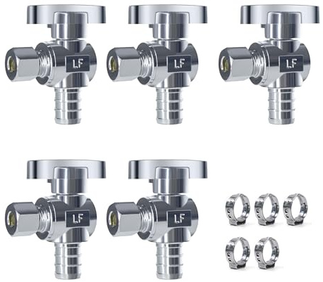 VINTEX 5 Pack 1/2 Inch Pex x 3/8 Inch Od Angle Pex Valve,Water Shut Off Valve,Quarter Turn Crimp Fittings Angle Stop Valve,Chrome Plated Brass,CPVC