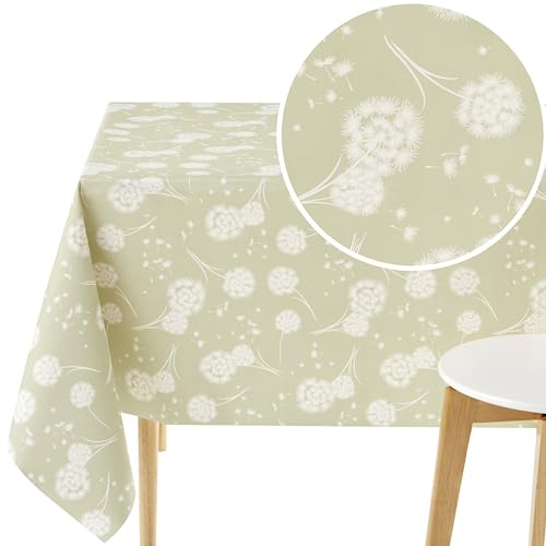 KP HOME Waterproof Wipeable Tablecloth - Rectangle Oilcloth 118 X 55 in | 300 X 140 cm - Dandelion Pattern Wipe Down Table Cloth - Plastic Dinning Wipe Clean PVC Table Cover in Sage Green