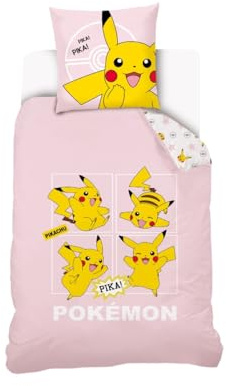 Housse De Couette Pikachu Pokémon 140x200 cm + 1 Taie d'oreiller 63x63 cm - 100% Coton - Rose Pale