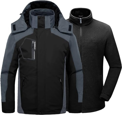 Kugnala Mens Winter Skiing Jacket 3 in 1 Waterproof Warm Snow Fleece Lining Coat Hooded Windproof Jacket Black/Grey XL
