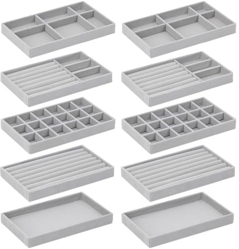 Govfrey 10 Pack Jewellery Organisers for Drawers,Stackable Jewellery Trays,Velvet Jewellery Storage Box Fit in Vanity Wardrobe Drawer,Rings Earrings Storage Display Holder Women Gifts for Mother Wife