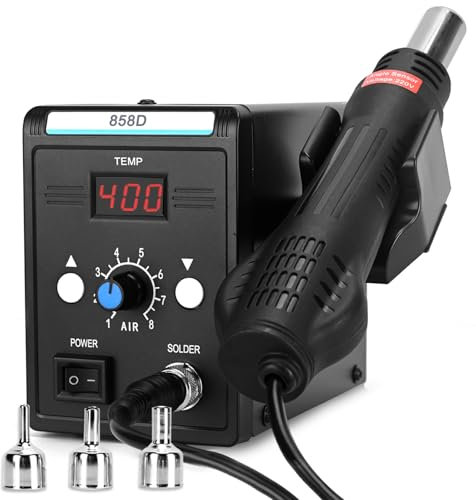 COVVY Estación de retrabajo de aire caliente con pantalla LCD, estación de soldadura de temperatura y volumen ajustable 858D, 3 boquillas de aire caliente, 700 W para soldadura y reparación SMD