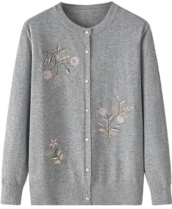 KIJSKKOPO Rebeca De Punto Mujer,Suéter De Punto para Ancianos, Chaqueta, Cuello Redondo Gris, Botón, Bordado De Plantas Florales, Suéter De Punto, Abrigo, Señora Mayor, Abuela, Casual, Ligero, C