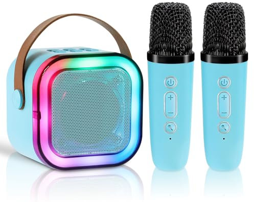 Qingning Mini Karaoke con 2 Microfoni Senza Fili per Bambini e Adulti, Macchina Karaoke per Bambini, Altoparlante Bluetooth Portatile con Luci LED, Giocattolo Regalo per Ragazzi Ragazze 3-14 Anni(Blu)