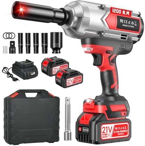 sukaudiz Llave De Impacto Inalámbrica De 1200 Nm, Equipada Con 2 Baterías De 4000 Mah, 5 Llaves De Vaso, 1 Adaptador De 1/2 Pulgada a 3/4 Pulgada, Ideal Para Uso En Automóviles, Camiones y El Hogar.