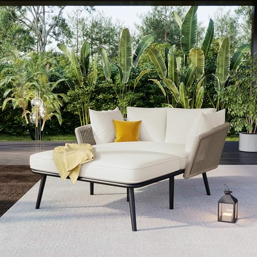 Moimhear Sofá de jardín con 2 cojines y 2 cojines, tumbona para exteriores, salón de jardín, juego de muebles de balcón, muebles de salón, muebles de terraza, cojines extraíbles y lavables (caqui)
