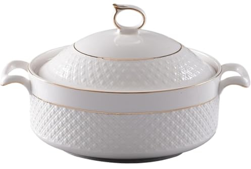 HUFENYU Soupière en Céramique Blanche De 1,5 L avec Bordure Dorée Et Double Anse, avec Couvercle Et Louche