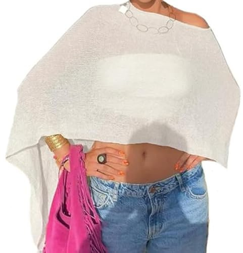 Nicoxijia Women Y2K Sheer Knit Poncho Top Lightweight Summer Beach Knit Shrug Shawl Bolero Off Shoulder Mesh Sweater Cover Up