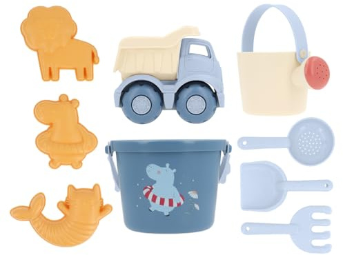 Monnëka Set Giocattoli Spiaggia Bambini | Secchiello, Palette, Rastrello, Annaffiatoio, Camion | Giochi Mare Bambini 1 Anno, 2 Anni | Ecologico Senza BPA | Borsa Spiaggia | Hippos