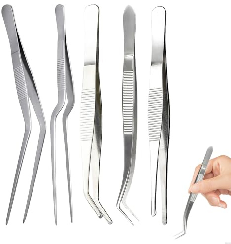 Set de pincettes de cuisine en acier inoxydable, 6,3 pouces, 5 designs différents, pour décoration alimentaire, manipulation de petits aliments, sécurité et précision, idéal pour cuisson, pâtisse