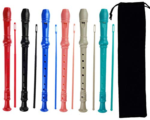 Kasteco 6 Pack German Style 8 Hole-3 Piece Descant Soprano Recorders with Cleaning Rod, Black Storage Bag, ABS Material (6 Colors)