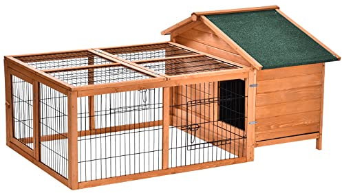 PawHut Wooden Rabbit Hutch Outdoor, Guinea Pig Hutch, Detachable Pet House Animal Cage with Openable Run & Roof Lockable Door Slide-out Tray 146 x 95 x 69cm