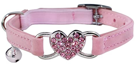 WDPAWS Heart Bling Cat Collar with Safety Belt and Bell 8-10 inches (Pink)