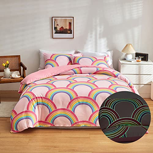 Loussiesd Rainbow Glow in The Dark Duvet Cover for Girls Kids Single Pink Rainbow Bedding Set Super Soft Colorful Stripe Mermaid Scales Comforter Cover Set Baby Girl Bedroom Pink