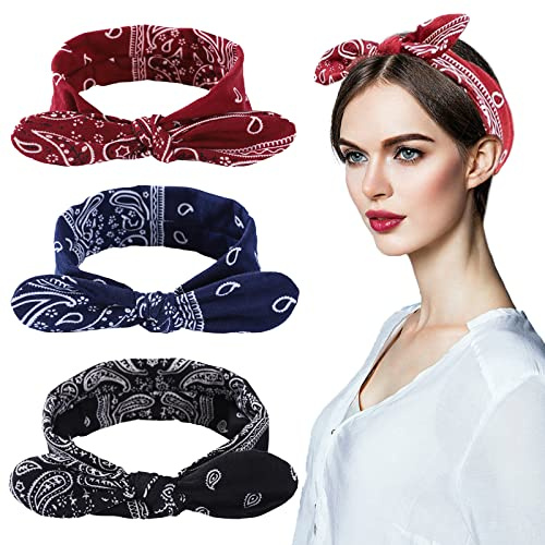TSHAOUN 3 Pieces Head Scarf for Women Retro Headbands,1940s Head Scarf Bandana Rosie The Riveter Headband Bow Headbands Vintage Boho Bow Pattern,eadband Headwrap for Girls and Women (3 PCS)