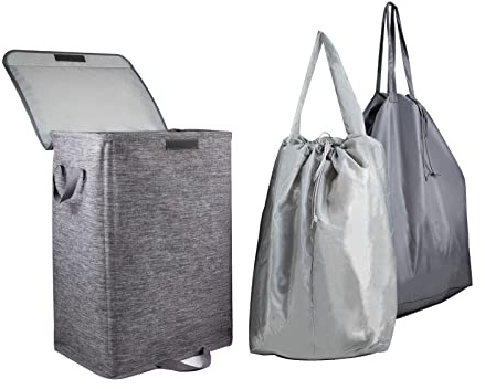 Foldable Laundry Hamper with 2 Removable Drawstring Bags,Portable Laundry Basket with Lid & Easy Carry Handle,Durable Clothes Hamper for Space-Saving Organizer in Bedroom,Bathroom,Dorm,Nursery,RV,Grey