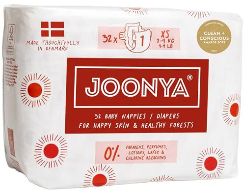 Joonya Baby Diapers, Size 1 XS (4-9 lb) - 1 Bag of 32 - Non Toxic, Eco-Friendly, High Absorbency, Overnight Use, Ultra Slim & Soft - Made in Denmark