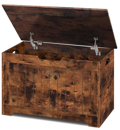 SUPER DEAL Storage Chest, 30 inches Chest Box Organizer with 2 Safety Hinges, Wooden Entryway Storage Bench, Rustic Brown