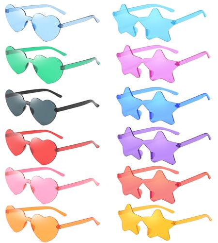 Party Brille, 12 Paar Randlose Sonnenbrillen in Herz / Stern, Party Brillen Lustig, Hippie Herzförmige Brille für Geburtstagsfeier Karneval Fasching Foto, Partybrille Set für Kinder und Erwachsene